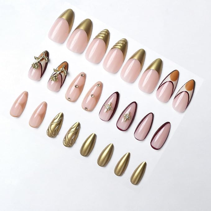 Gold Press on Nails Long Almond Fake Nails 3D Flower Rhinestones Red Edge Design French Tip False Nails Stars Stick on Nail Embossed Glossy Glue on Nail Art for Women DIY Manicure Tips