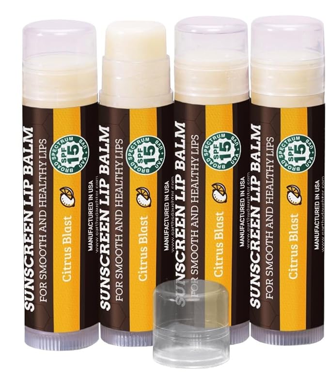 Earth's Daughter SPF Lip Balm 4-Pack Citrus Flavor Stocking Stuffers - Lip Sunscreen, SPF 15, Organic Ingredients, Beeswax, Coconut Oil, Vitamin E - Hypoallergenic, Paraben Free, Gluten Free