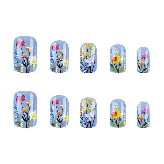 Flowers Press on Nails Short Square Fake Nails Blue 3D Floral Acrylic Nails Spring False Nails Press ons Glossy Flower Glue on Nails Glitter Artificial Nails for Women Girls Manicure 24Pcs