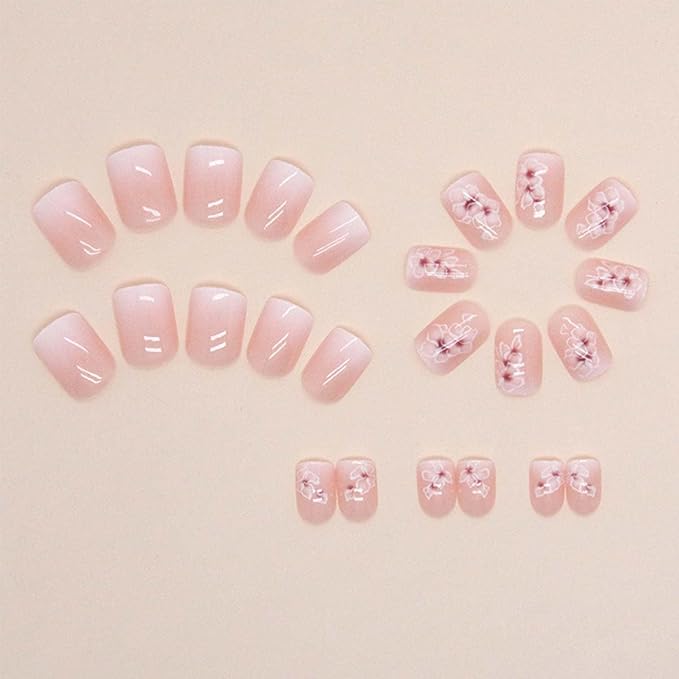 Flower Fake Nails Square Press on Nails Short False Nails with Ombre Design Pink Acrylic Nails Full Cover Artificial Nails Floral Glue on Nails Stick on Nails for Women Manicure 24Pcs