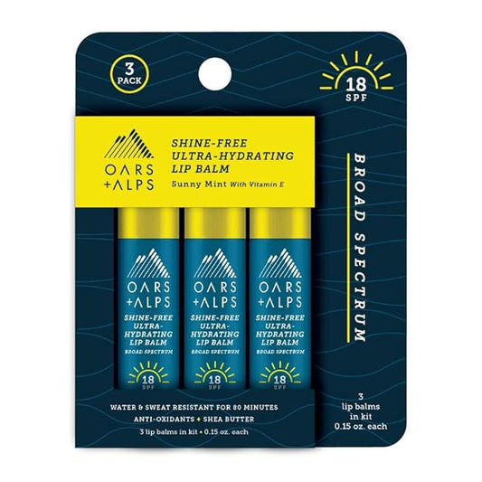 Oars + Alps Shine Free Lip Balm and SPF 18 Sunscreen, Lip Care with Sunny Mint Scent, Water and Sweat Resistant, 0.15 Oz Each, 3 Pack