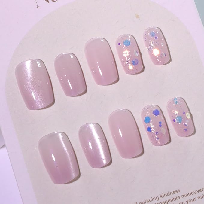 Medium Squoval Press On Nails with Cat Eye Base – Nude Pink Acrylic Fake Nails, 24PCS Glitter Glossy Stick On Nail Kit, Reusable False Nails with Adhesive & Tools for Women