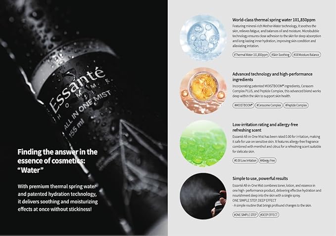 ESSANTÉ Hot Spring All-in-One Facial Mist, 3-in-1 Toner, Lotion & Essence, Deep Hydration & Soothing, Non-Sticky, Ultra-Fine Spray 5.24 fl oz