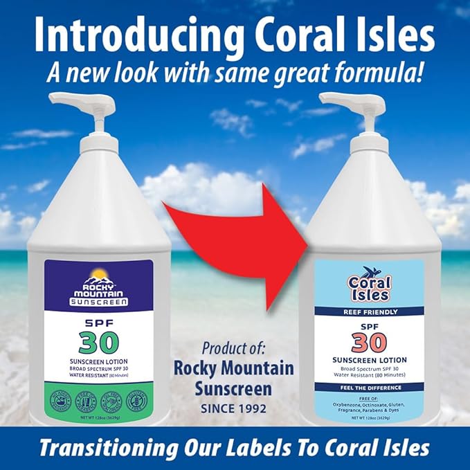 Coral Isles by Rocky Mountain Sunscreen | SPF 30 Lotion | Broad Spectrum UVA/UVB Protection | Hawaii Reef-Safe Act Compliant | Oxybenzone & Octinoxate Free | Water Resistant 80 Min. | 128 Fl Oz