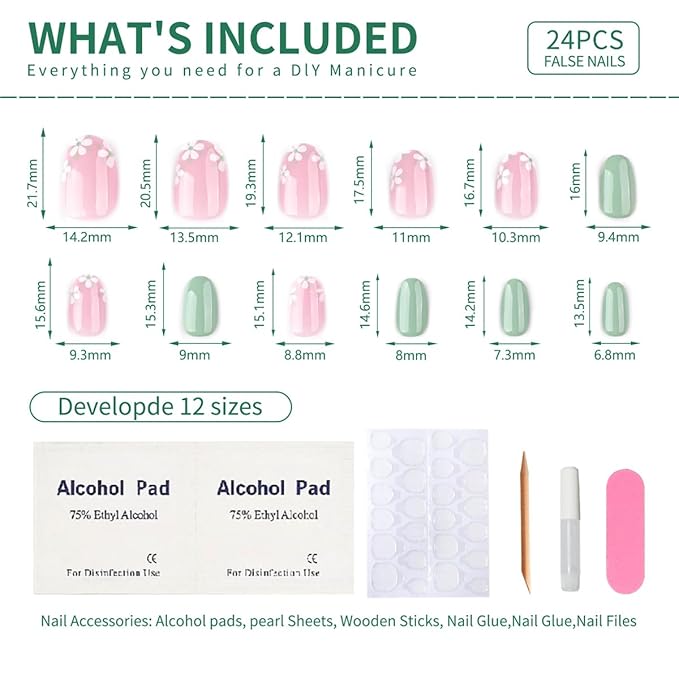 Short Oval Press On Nails green Pink False Nails with Flowe Finish Fashion Glossy Acrylic Press ons Nail Gel Stick On Nails Set Glue on Nails for Women & Girls, 24Pcs