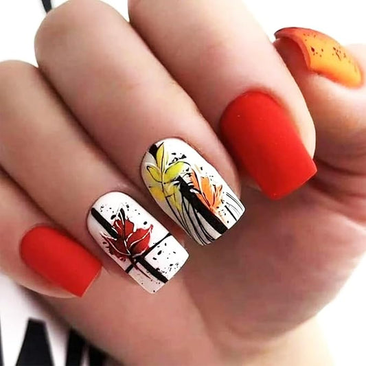 Maple Leaf Press on Nails 24Pcs Fall Leaves Stick on Fingernails Matte Yellow Acrylic Fake Nail Thanksgiving Medium Square False Nails Autumn Gel Glue on Nail for Coquette Women Girls