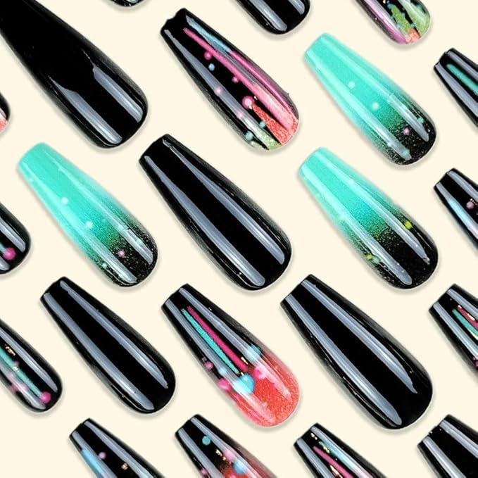 Coffin Press on Nails Long Stick on Nails Black False Nails with Design Artificial Nails for Women 24pcs