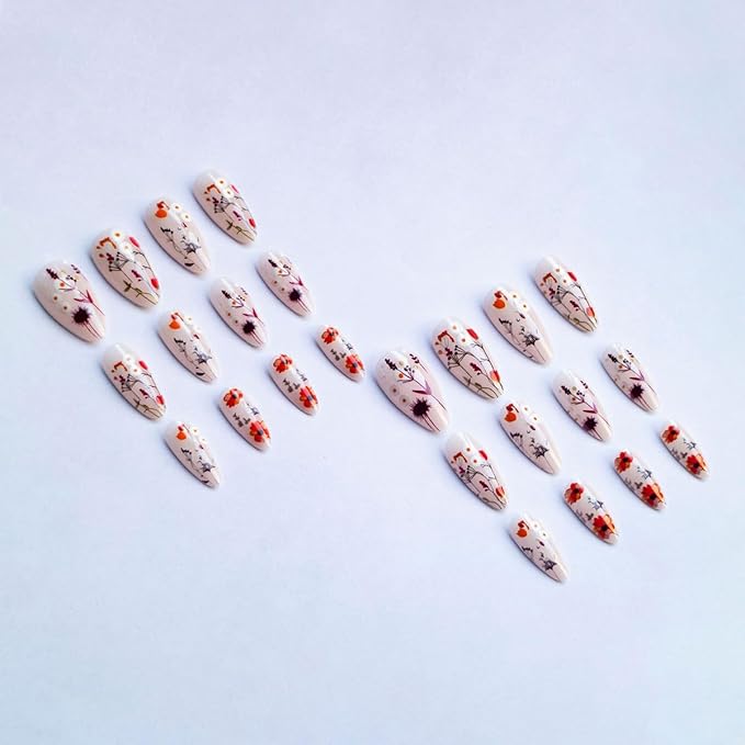 Flower Press on Nails Long Almond Fake Nails Glossy Nude False Nails Summer Flowers Design Acrylic Reusable Stick on Nail Full Cover Daisy Glue on Nail Art for Women DIY Salon Manicure Kit