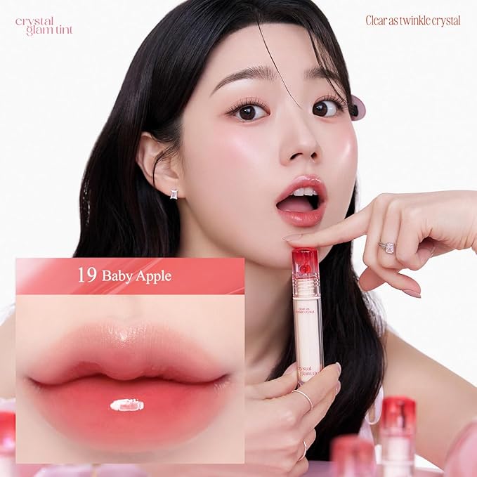 CLIO CRYSTAL GLAM TINT (019 BABY APPLE), Glossy Finish, Lightweight, Weightless, Buildable, Glass-Like, Smoothing, Long-Lasting, Vivid, Transparent, Shiny, Moisturizing Lip Stain, Korean Lip Tint