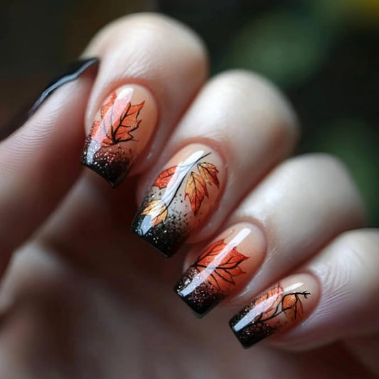 Fall Press on Nails Square Fake Nails with Black Glitter French Designs Autumn Leaves Artificial Nail Medium Fall Nails Press ons Glossy Glue on Fingernails Acrylic False Nails for Women 24Pcs