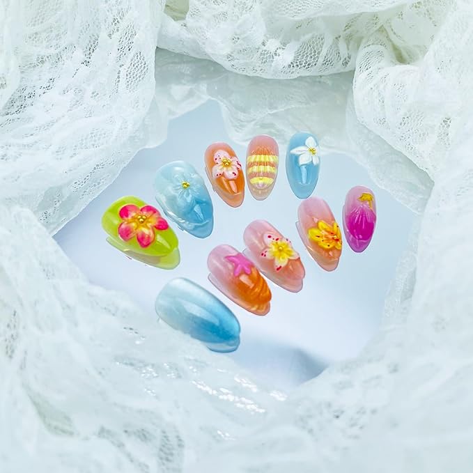 30 Pcs Handmade Press on Nails Short Almond French Tip Fake Nails with Pearl Design 3D Flower Stick on Nails Yellow Blue Glossy Oval Acrylic False Nails Full Cover Summer Glue on Nails for Women Girls