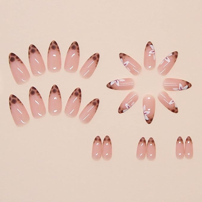 Hkanlre Leopard Print Medium Press on Nails Nude Fake French Nails Tips Full Cover Almond False Nails for Women 24PCS