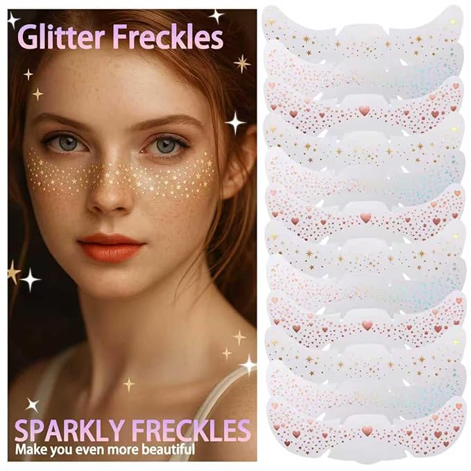 12 Sheets Glitter Freckles Stickers for Face and Body, Star and Heart Face Tattoo for Women and Girls, Long Lasting Waterproof Festival Rave Makeup Accessories