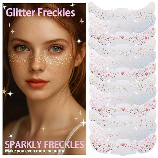 12 Sheets Glitter Freckles Stickers for Face and Body, Star and Heart Face Tattoo for Women and Girls, Long Lasting Waterproof Festival Rave Makeup Accessories