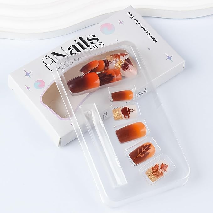 Fall Ombre Press on Nails Medium Square Gold Glitter Acrylic Fake Nails Thanksgiving Maple Leaf False Nails Autumn Coffee Stick on Nail Glossy Brown Gradient Gel Glue on Nail for Women 24Pcs