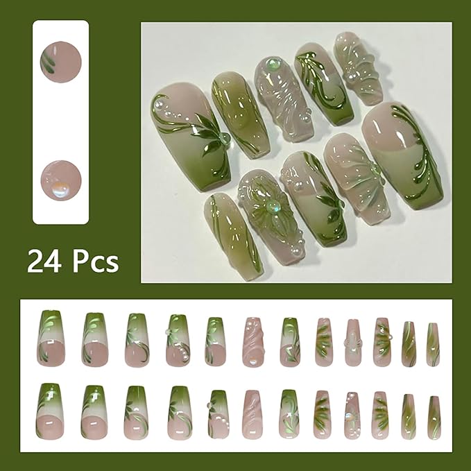 24Pcs Green Press on Nails Medium Square Nail Tips French Tip Fake Nails with 3D Designs Pearl Glue on Nails Summer Flower Acrylic Nails Vine False Nails Nude Full Cover Stick on Nails for Women