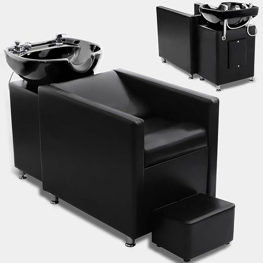 Backwash Barber Chair, Shampoo Bowl Chair with Neckrest, Ceramic Shampoo Bowl Sink Unit, Hair Washing Station with Foot Pedal, Backwash Shampoo Station Chair for Barbershop