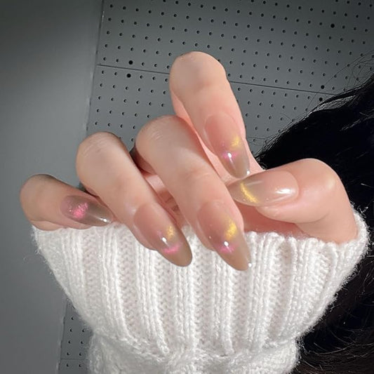 Cat Eye Nude Smile Press On Nails Medium Almond, Designer Reusable Acrylic Fake Nails with Glue, Glossy Soft Gel Nails Wedding and Party, Stick On Glue On Nails, Nails Press Ons for Women