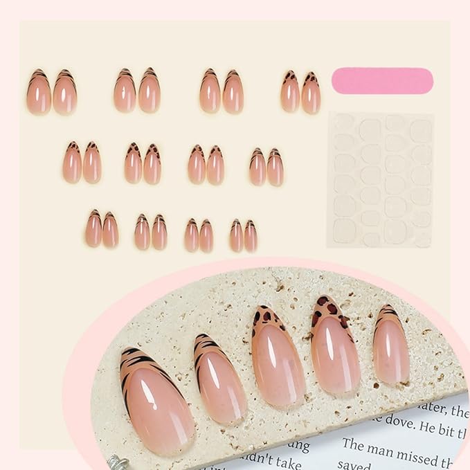 Leopard Print Nails Press ons French Tip Press on Nails Medium Almond Fake Nails Nude Glue on Nail Glossy Full Cover Artificial Acrylic Stick on Nail for Women Manicure 24Pcs