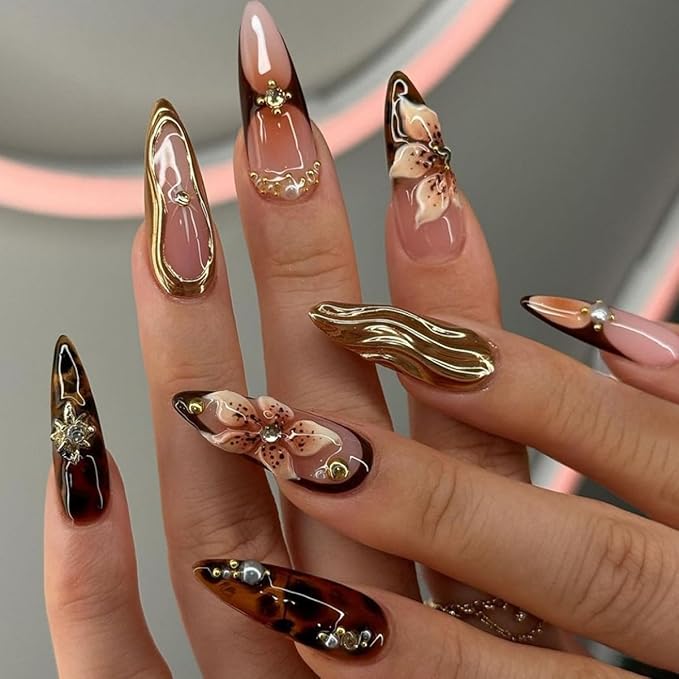 Long Almond Press on Nails Gold Fake Nails with 3D Floral Luxury Acrylic False Nail Stick on Nail for Women 24pcs