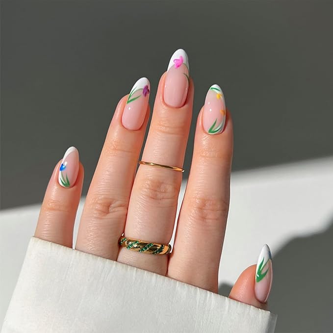 IMRAIN Medium Almond Press on Nails Flower French Tips Fake Nails Glossy Acrylic Nails Press ons with Floral Designs White Nail Kit Spring Summer Glue on Nails for Women 24Pcs