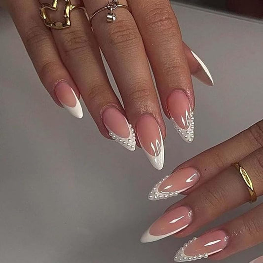 Press on Nails French Medium, Pearl White Fake Nails Almond Acrylic False Nails,Artificial Glue on Nails for Women 24pcs