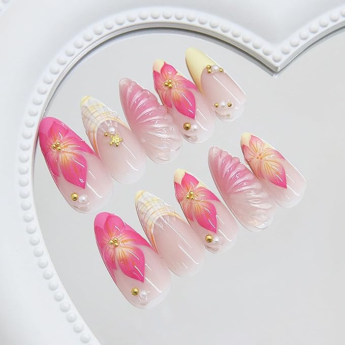 24Pcs Yellow French Tip Press on Nails Medium Almond Fake Nails with Gold Starfish Pearl Designs 3D Hawaiian Flower False Nails French Artificial Acrylic Nail Tips Summer Glue on Nails for Women
