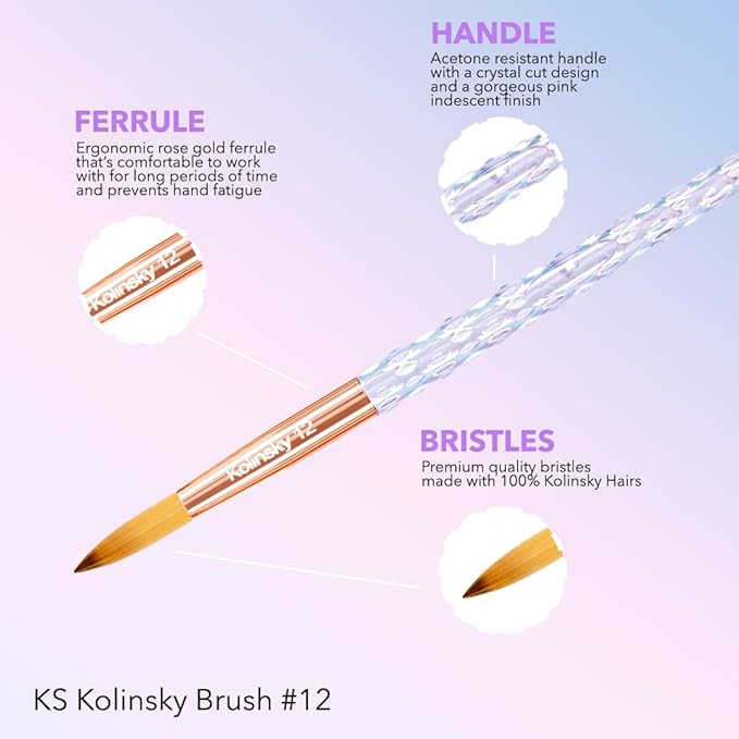 KIARA SKY Clear Crystal Acrylic Nail Brush - Professional Nail Tool - Nail Kolinsky Brush - 100% Kolinsky Hand Crafted Nail Tools - Long Lasting Nail Acrylic Brush, #12