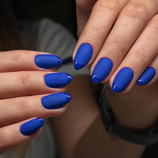 Royal Blue French Tip Press ons, Press on Nails Medium Almond Glue on Nails Short Acrylic Glue on Nail Gel Fake Nail False for Women Fall Winter, in 32 Pcs 16 Sizes