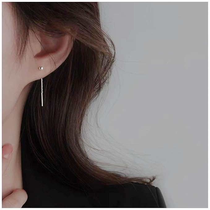 Boho Bar Threader Earrings Silver Line Earrings String Drop Dangle Earrings Pull Through Long Chain Earrings Jewelry for Women and Girls