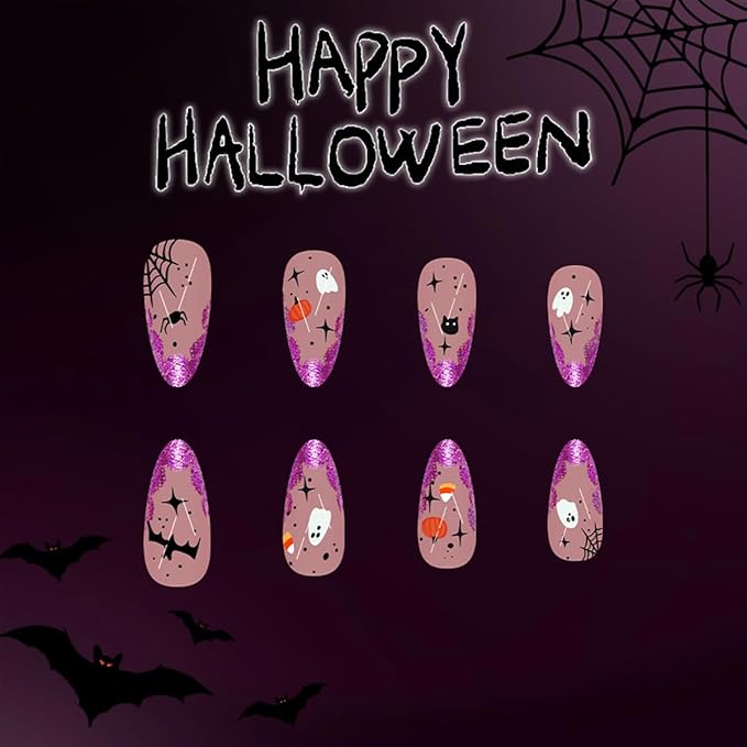 24Pcs French Tip Press on Nails Short Almond Fake Nails with Designs Halloween Nails Press on Spider Web Pumpkin Glue on Nail Halloween False Nail Star Cat Acrylic Nail for Women Manicure Decorations