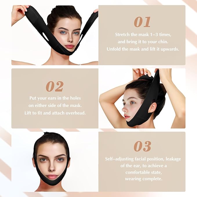 Reusable V Line Lifting Mask with Chin Strap, V Shaped Face Mask for Sagging, Jaw Exerciser (Black)