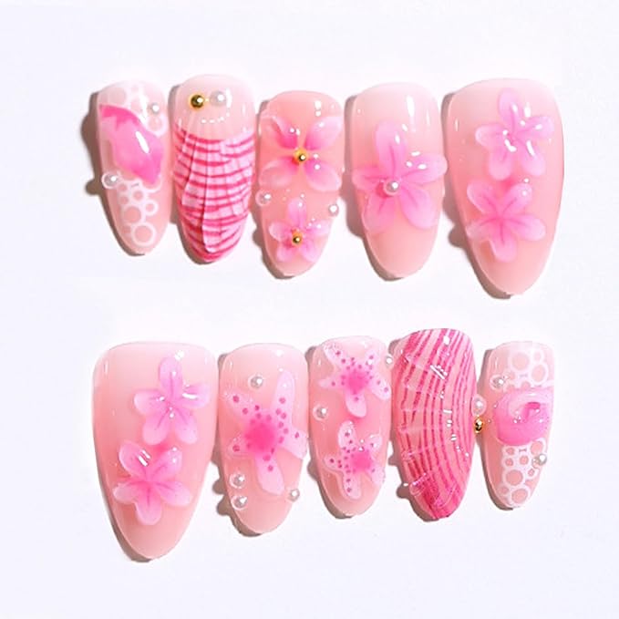 30Pcs Flower Press on Nails Medium Almond Fake Nails with 3D Pearl Floral Designs Pink False Nails Stick on Nail Summer Ocean Beach Acrylic Nails Flowers and Pearls Glue on Nail for Women