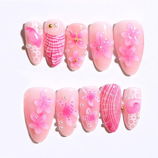 30Pcs Flower Press on Nails Medium Almond Fake Nails with 3D Pearl Floral Designs Pink False Nails Stick on Nail Summer Ocean Beach Acrylic Nails Flowers and Pearls Glue on Nail for Women