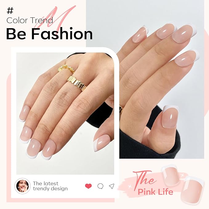 Modelones French Tips Press on Nails, Christmas Short Square Fake Nails, Reusable Nail Kit with Nail Glue Adhesive Tabs Mini Nail File, Nails Press Ons 32Pcs 16 Sizes, White