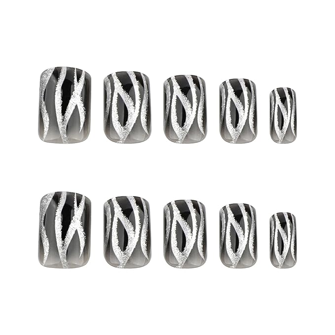 Short Square Acrylic False Nails Sparkly Fire Pattern Press on Nails 24Pcs Shine Curve Line Stick on Nails Glossy Silver Glitter Fake Nails Black Gel Glue on Nails for Coquette Women Girls