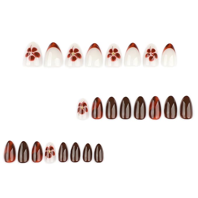 Deep Brown Almond Press On Nails Short, Fall Fake Nails with 3D Floral & Gradient Detail, Glossy Gel Finish Acrylic Nails, Fall Reusable Glue On Nails Kit for Women, 24Pcs