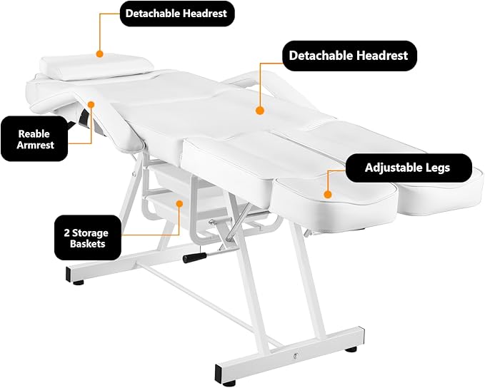 Facial Chair, Foldable Tattoo Chair with Split Legs Hydraulic Stool Massage Table Spa Bed for Beauty Capacity 330lbs White