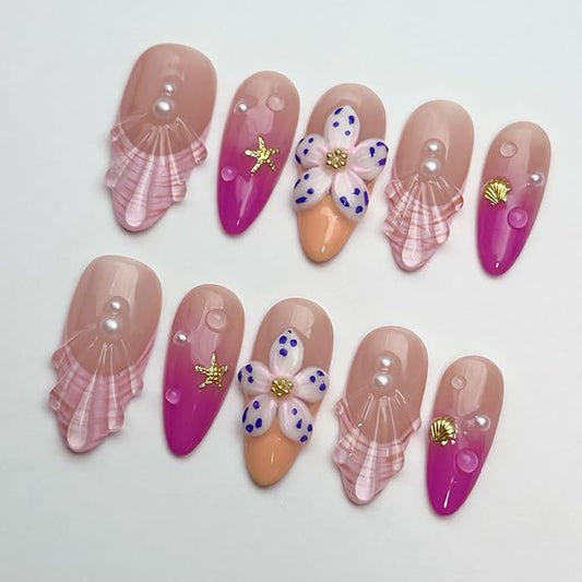 24Pcs French Tip Press on Nails Medium Almond Fake Nails 3D Flower Starfish Shell Pearl Designs Full Cover Glue on Nails Artificial Beach Nails Spring Summer False Nails for Women Girls Acrylic Nails