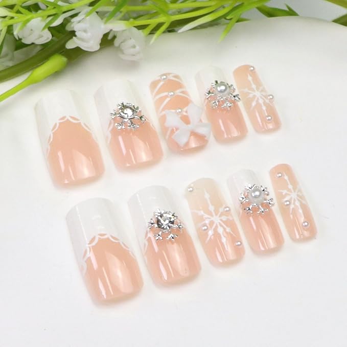 White French Tip Press on Nails Medium Square Fake Nails with 3D Bow Snowflake Charm Designs Gradient Nails Press ons Winter Acrylic Nails for Women 24Pcs