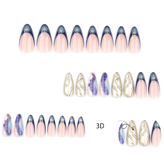 Hkanlre Stiletto Press on Nails Fake Blue Nails Tips Full Cover False French Long Nails for Women and Girls 24PCS