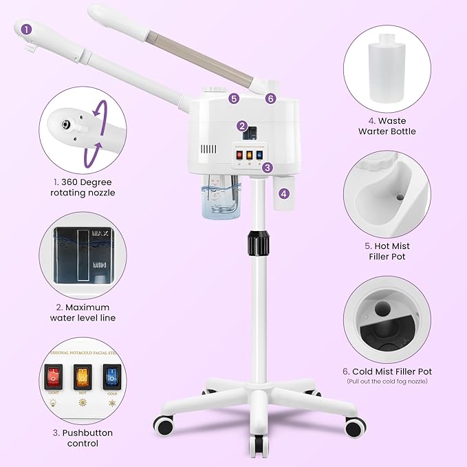 Professional Facial Steamer, 2 in 1 Facial Steamer on Wheels for Cold Mist & Hot Mist & Timer Function, Stand Face Steamer Adjustable Height for Spa, Salon and at Home use