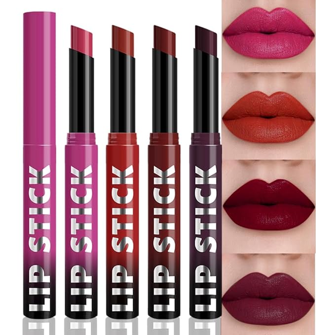 4Pcs Matte Lipstick Crayon Set for Women, Neutral Lip Stick Pencil 24 Hour Long Lasting Waterproof, Non-Drying Hydrating Formula Lip Gloss Makeup, Vegan & Cruelty-Free, 02