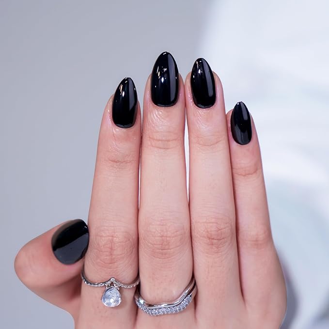 Black Press On Nails Almond - BTArtbox Short Press On Nails with Nail Glue, Fit Perfectly & Natural Reusable Stick On Nails in 16 Sizes - Soft Gel Glue On Nails Kit, Black Velvet