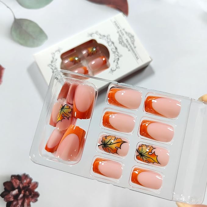 Maple Leaf Press on Nails Glossy Orange French Tip Fake Nails Thanksgiving Medium Square Glue on Nails Fall Maples Acrylic False Nail Autumn Leaves Stick on Fingernails for Women 24Pcs