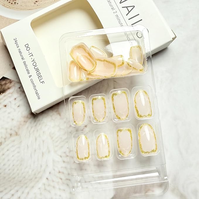 Medium Almond Press on Nails Nude Fake Nails with Gold Glitter Design Acrylic Nails Press ons Full Cover Marble Stripes Stick on Nails Reusable Glossy Glue on Nails for Women Girls Manicure 24Pcs