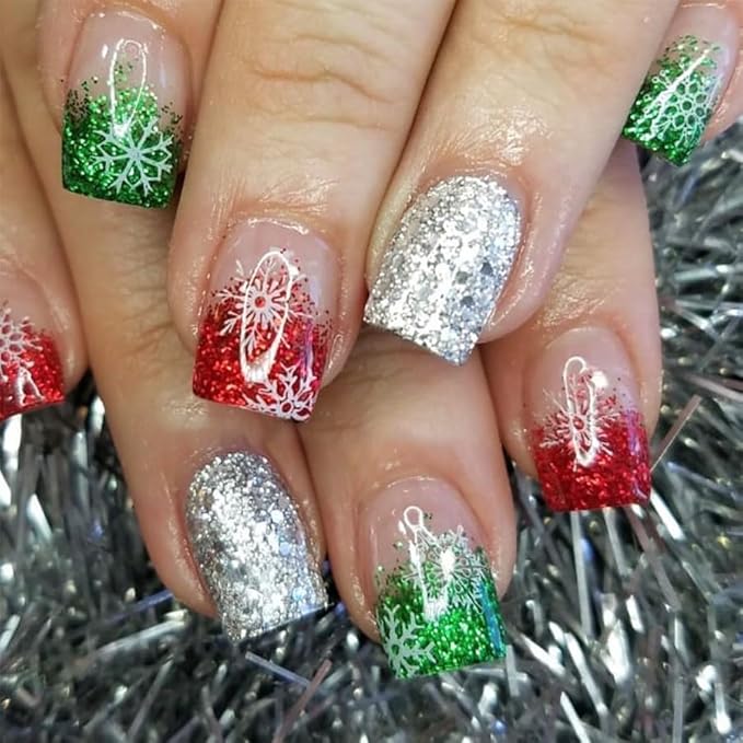 2 Packs 48Pcs Christmas Press on Nails Short Square Fake Nails Red Green Glitter Snowflake Nails French Ombre False Nails Glue on Nails Winter Xmas Stick on Nails for Women Girls Manicure