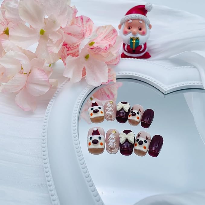10Pcs Christmas Press on Nails Short Square Fake Nails with Bow Charms Design Cute Santa Claus Red Nose Elk False Nails Winter Christmas Stick on Nails for Women Girls Holiday DIY Acrylic Manicure