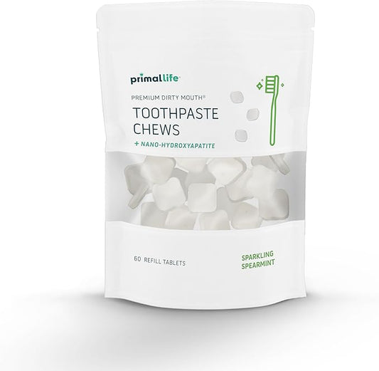 Primal Life Organics Premium Dirty Mouth Toothpaste Chews – Nano-Hydroxyapatite Whitening Toothpaste Tablets for Adults - Gluten Free, Vegan, Paleo - 60 Tablets in Bag - Sparkling Spearmint