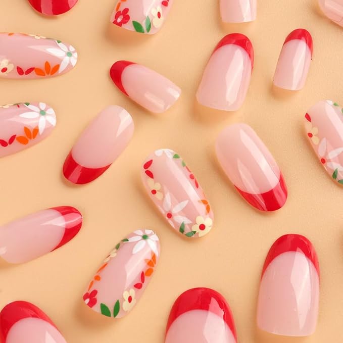 Flower Press on Nails Red French Tip Fake Nails Short Almond False Nails with Design Nude Glue on Nails Glossy Artificial Acrylic Full Cover Floral Stick on Nails for Women Manicure 24Pcs